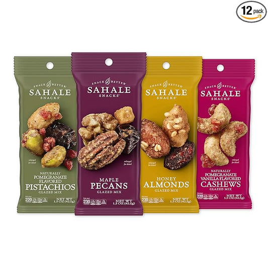 Sahale Snacks Glazed Mix Nut Blend Variety Pack, 1.5 Oz Grab & Go Bags (12 Total Packs) - Four Different Dry-Roasted Deluxe Mixed Nuts Blends Included - Non-GMO Kosher & Certified Gluten-Free Snacks