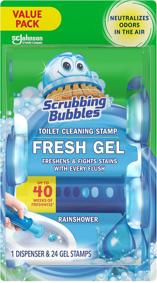 Scrubbing Bubbles Toilet Gel Stamps, Fresh Gel Toilet Cleaning Stamps, Helps Keep Toilet Clean and Helps Prevent Limescale & Toilet Rings, Rainshower Scent, 1 Dispenser with 24 Stamps