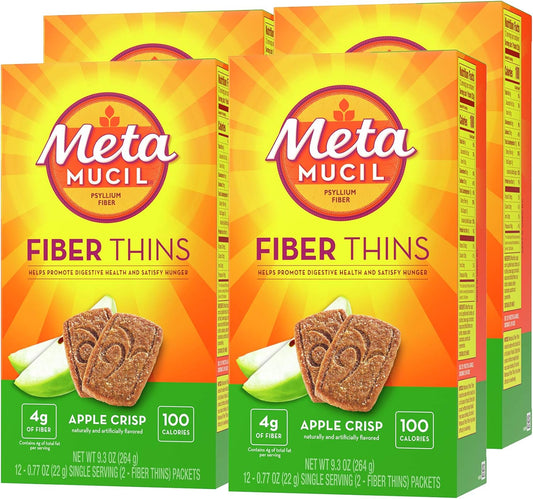 Metamucil, Fiber Thins, Daily Psyllium Husk Fiber Supplement, Supports Digestive Health and Satisfies Hunger, Apple Crisp Flavor, 4 Packs x 12 Servings (48 Total Servings)