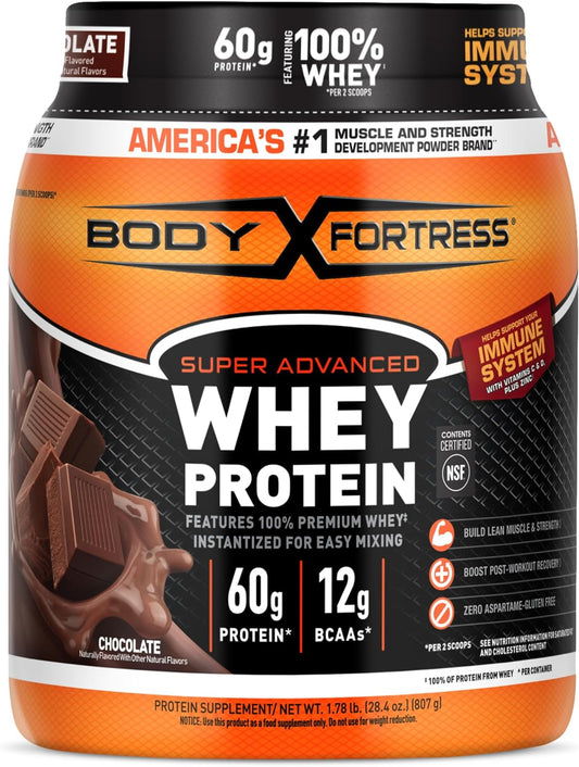 Body Fortress Super Advanced 100% Premium Whey Protein Powder, Chocolate, 60g Protein & 12g BCAAs Per 2 Scoops, Muscle Gain & Recovery, Immune...