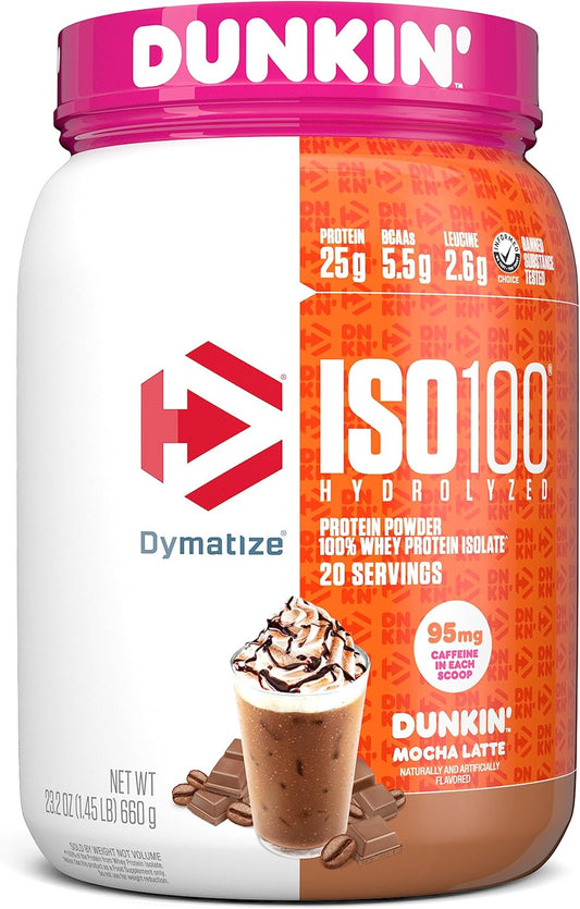Dymatize ISO100 Hydrolyzed Protein Powder in Dunkin' Mocha Latte Flavor, 100% Whey Isolate Protein, 25g Protein, 95mg Caffeine, 5.5g BCAAs, Gluten Free,...
