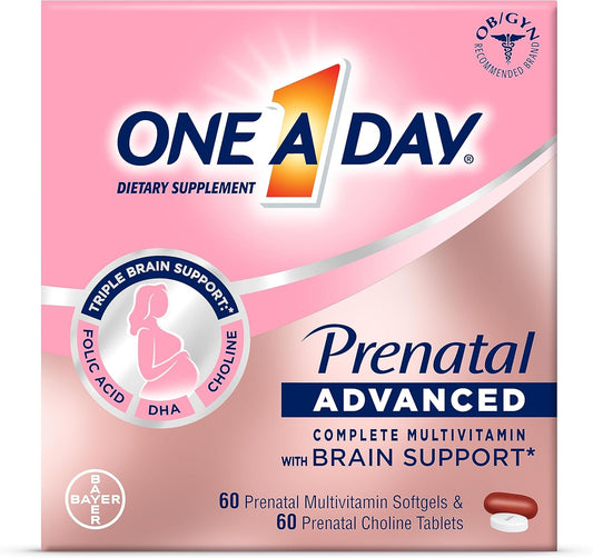 ONE A DAY Women’s Prenatal Advanced Complete Multivitamin with Brain Support* with Choline, Folic Acid, Omega-3 DHA & Iron for Pre, During & Post Pregnancy, 60+60 Ct (120 Total) (Packaging May Vary)