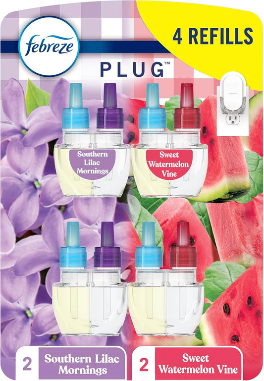 Febreze Odor-Fighting Fade Defy PLUG Air Freshener, Southern Lilac Mornings, Sweet Watermelon Vine, Pack of 4 (2 of Each), 79 fl. oz. Oil Refill