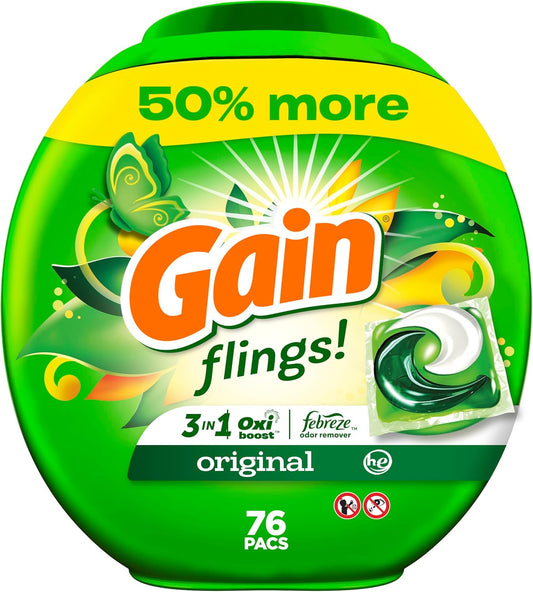 Gain flings Laundry Detergent Soap Pacs HE Compatible Long Lasting Scent, Original Scent, 76 Count