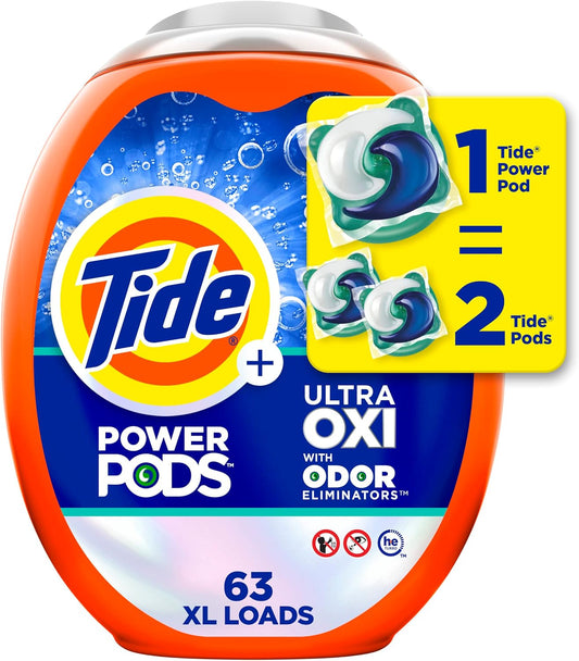 Tide Ultra OXI Power PODS with Odor Eliminators Laundry Detergent Pacs 63 Count For Visible and Invisible Dirt (Pack of 1)