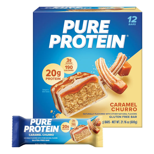 Pure Protein Bars, Caramel Churro, High Protein, Low Sugar, Gluten Free, Nutritious Snack, 1.76oz, Pack of 12
