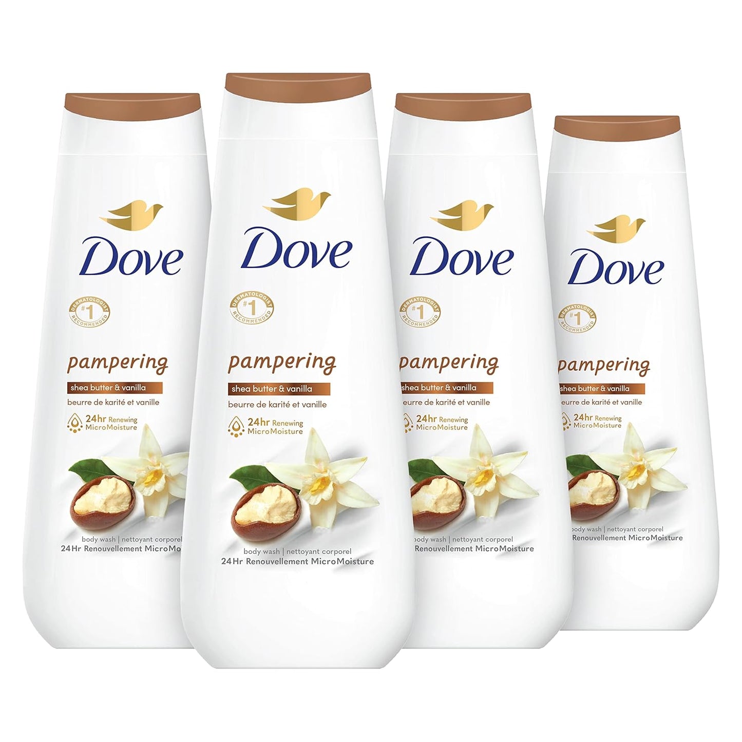 Dove Body Wash Pampering Shea Butter & Vanilla for Renewed, Healthy-Looking Skin Gentle Skin Cleanser with 24hr Renewing MicroMoisture, 20 Fl Oz (Pack of 4)
