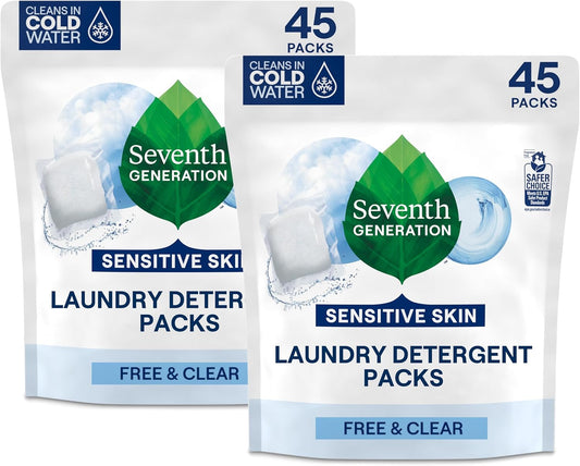 Seventh Generation Laundry Detergent Packs, Free & Clear, Made for Sensitive Skin, EPA Safer Choice Certified, 90 Loads (2 pouches, 45 Ct EA)