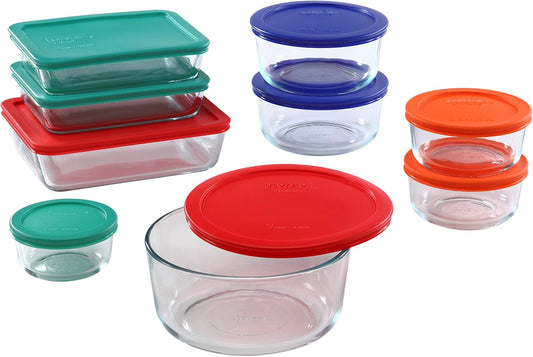 Pyrex Meal Prep Simply Store Glass Rectangular and Round Food Container Set (18-Piece, BPA-free), Multicolor 
