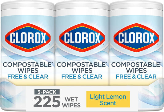 Clorox Compostable Cleaning Wipes - All Purpose Wipes - Household Essentials, Simply Lemon, 75 Count (Pack of 3)