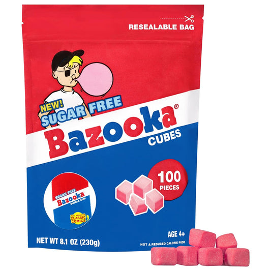 New Bazooka Sugar-Free Bubble Gum Cubes Bag - 100 Count Original Flavor, Resealable Stand-Up Pouch, Bulk Gum Perfect for Sharing, Ideal for Parties & Vintage Themes, Nostalgic Chewing Gum