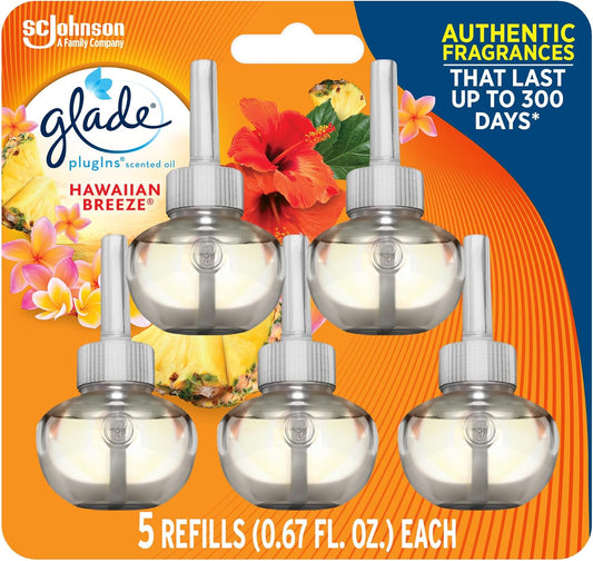 Glade PlugIns Refills Air Freshener, Scented and Essential Oils for Home and Bathroom, Hawaiian Breeze, 3.35 Fl Oz, 5 Count (Pack of 1)