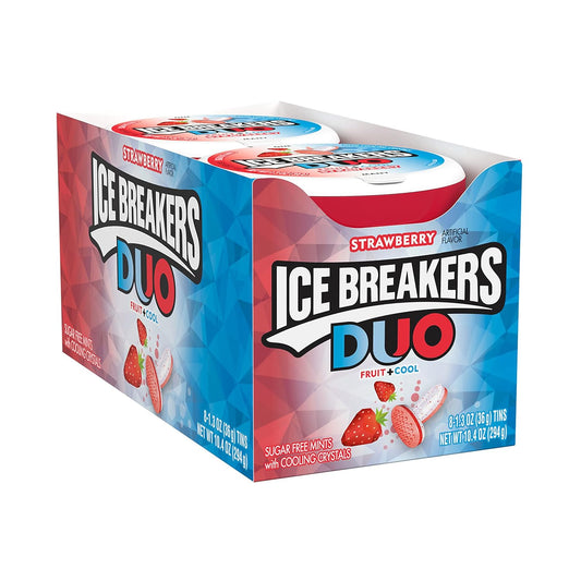 ICE BREAKERS Duo Fruit Plus Cool Strawberry Sugar Free Breath Mints Tins, 1.3 oz (8 Count)
