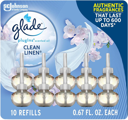Glade PlugIns Refills Air Freshener, Scented and Essential Oils for Home and Bathroom, Clean Linen, 6.7 Fl Oz, 10 Count (Packaging May Vary)