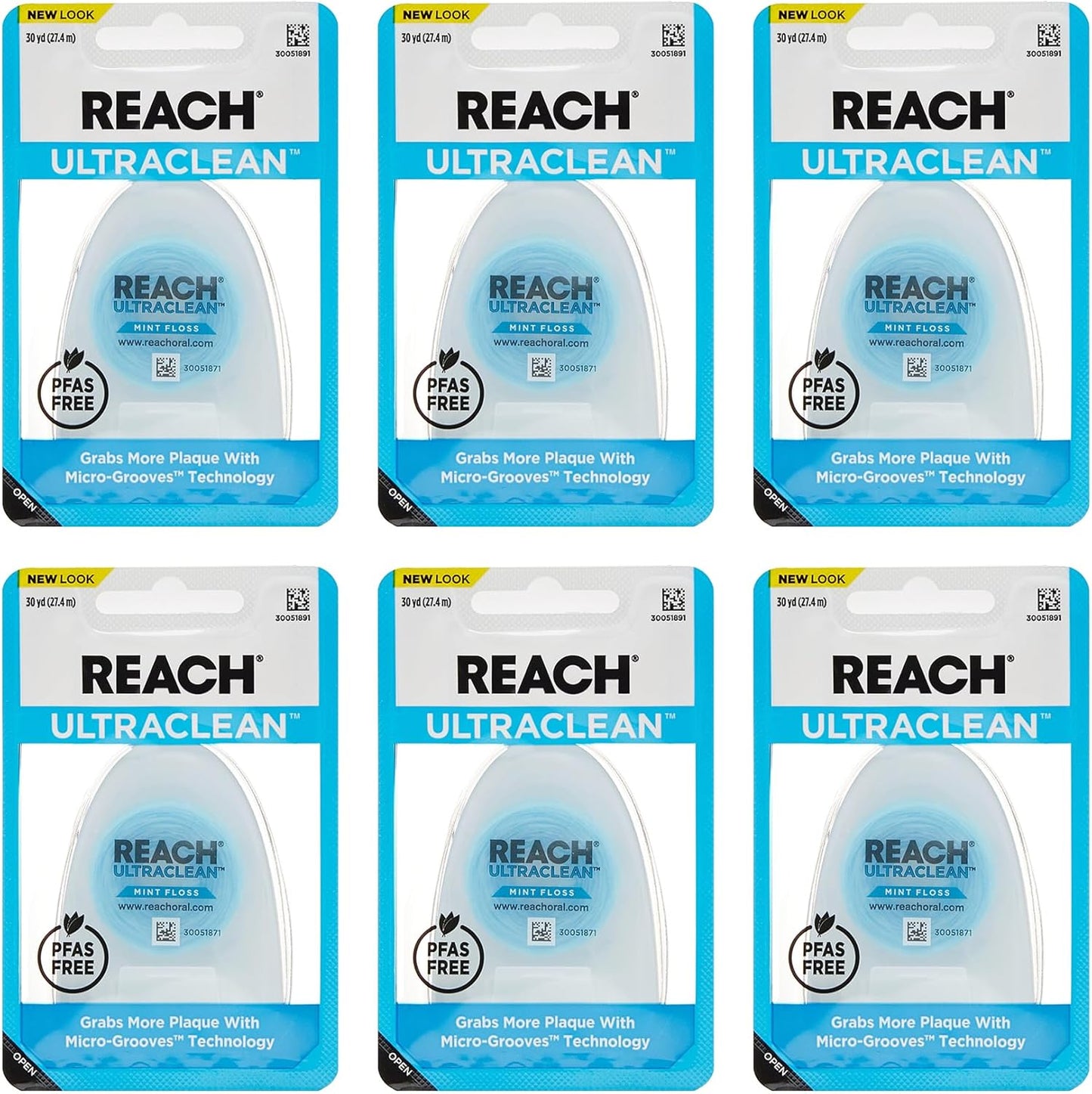 REACH® Listerine Ultraclean Mint Waxed Dental Floss | Dental Floss | PFAS Free | Shred Resistant | Effective Plaque Removal | Mint Flavor | 30yd, 6 Pack, Package May Vary