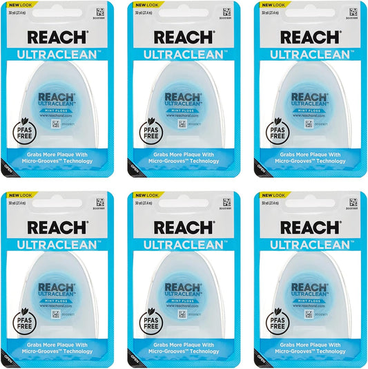 REACH® Listerine Ultraclean Mint Waxed Dental Floss | Dental Floss | PFAS Free | Shred Resistant | Effective Plaque Removal | Mint Flavor | 30yd, 6 Pack, Package May Vary