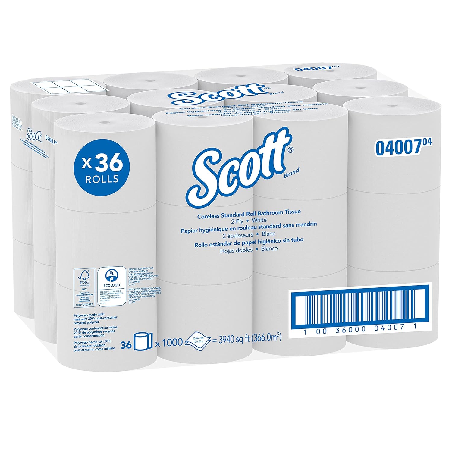 Scott® Essential Coreless High-Capacity Standard Roll Toilet Paper, Bulk (04007), 2-Ply, White (1,000 Sheets/Roll, 36 Rolls/Case, 36,000 Sheets/Case) 
