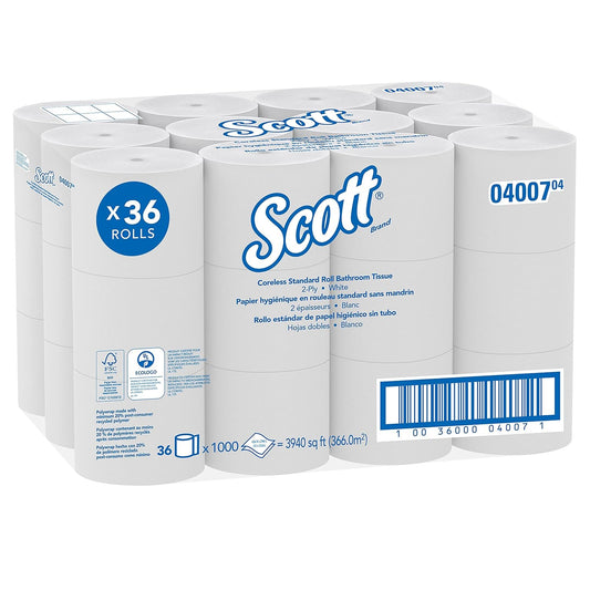 Scott® Essential Coreless High-Capacity Standard Roll Toilet Paper, Bulk (04007), 2-Ply, White (1,000 Sheets/Roll, 36 Rolls/Case, 36,000 Sheets/Case) 
