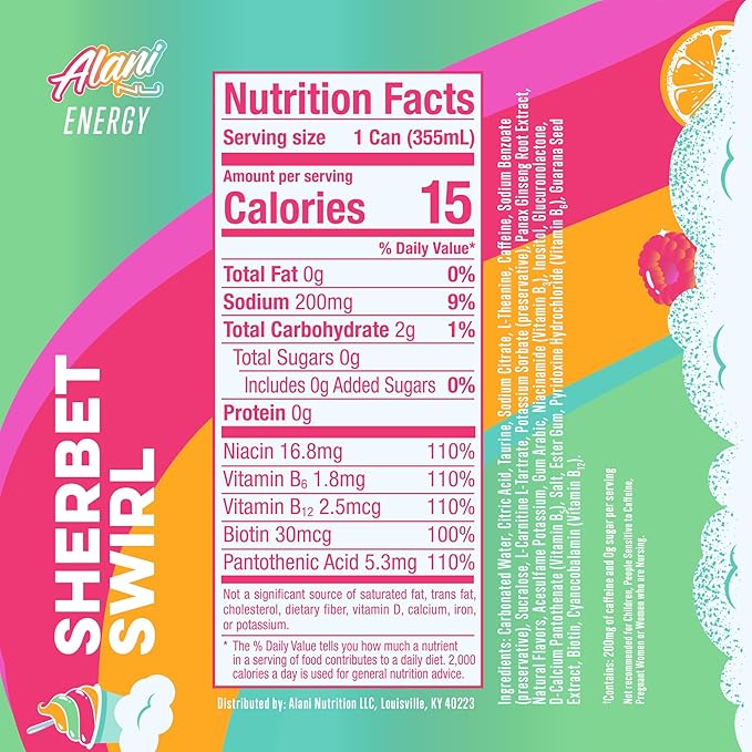 Alani Nu SHERBET SWIRL Sugar Free, Low Calorie Energy Drinks, 200mg Caffeine, Biotin B Vitamins, Zero Sugar, 10 Calories, 12 Fl Oz Cans, 24 Pack