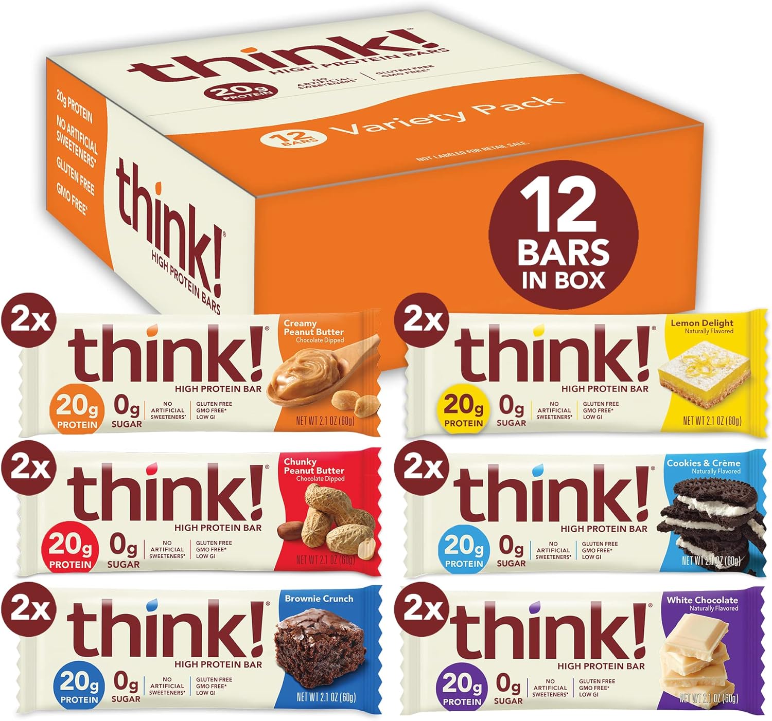 think! Protein Bars, High Protein Snacks, Gluten Free, Low Sugar Energy Bar with Whey Protein Isolate, Variety Pack, Nutrition Bars without Artificial...