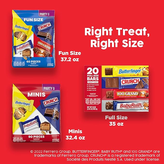 Butterfinger, CRUNCH, Baby Ruth, 100 Grand, Assorted Bulk Candy Bar Variety Pack Full Size, 28-Count, 48 oz