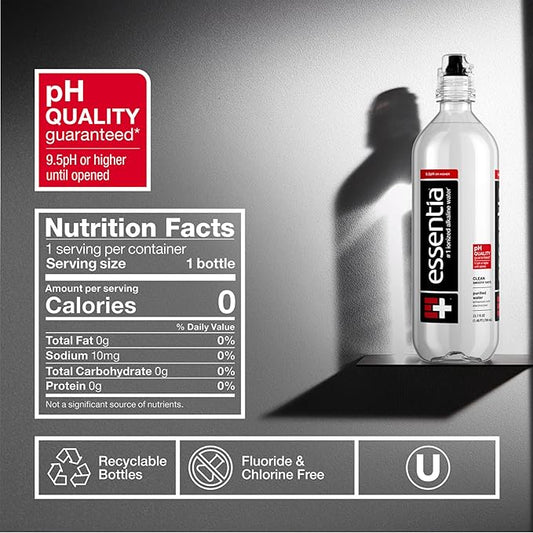 Essentia Water LLC, Ionized Alkaline Bottled Water; 99.9% Pure, Infused with Electrolytes, 9.5 pH or Higher with a Clean, Smooth Taste, 23.67 Fl Oz (Pack of 24)