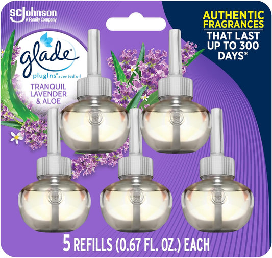 Glade PlugIns Refills Air Freshener, Scented and Essential Oils for Home and Bathroom, Tranquil Lavender & Aloe, 3.35 Fl Oz, 5 Count
