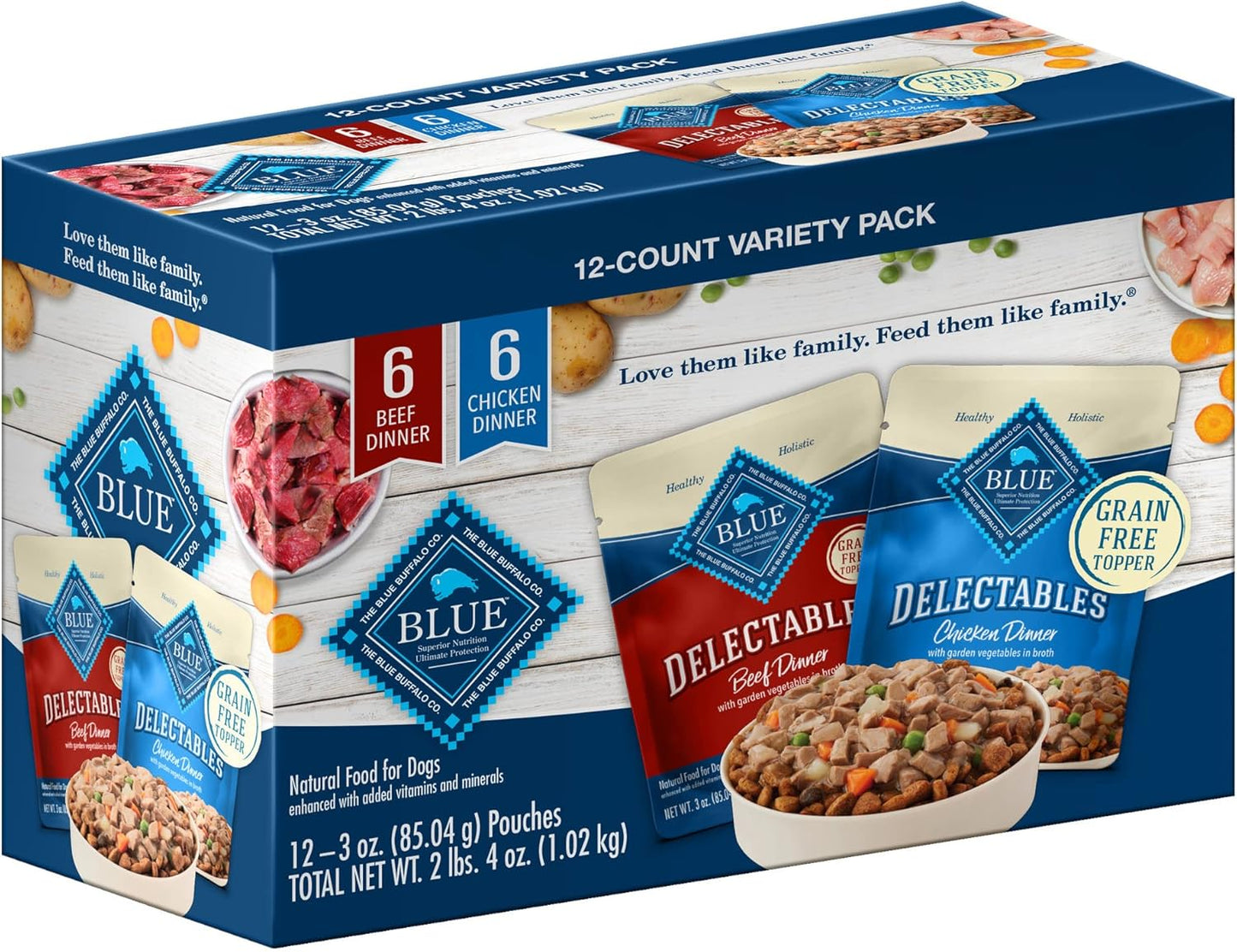 Blue Buffalo Delectables Grain Free Natural Wet Dog Food Topper Variety Pack, Chicken Dinner & Beef Dinner 3-oz (12 Pack - 6 of Each Flavor) 
