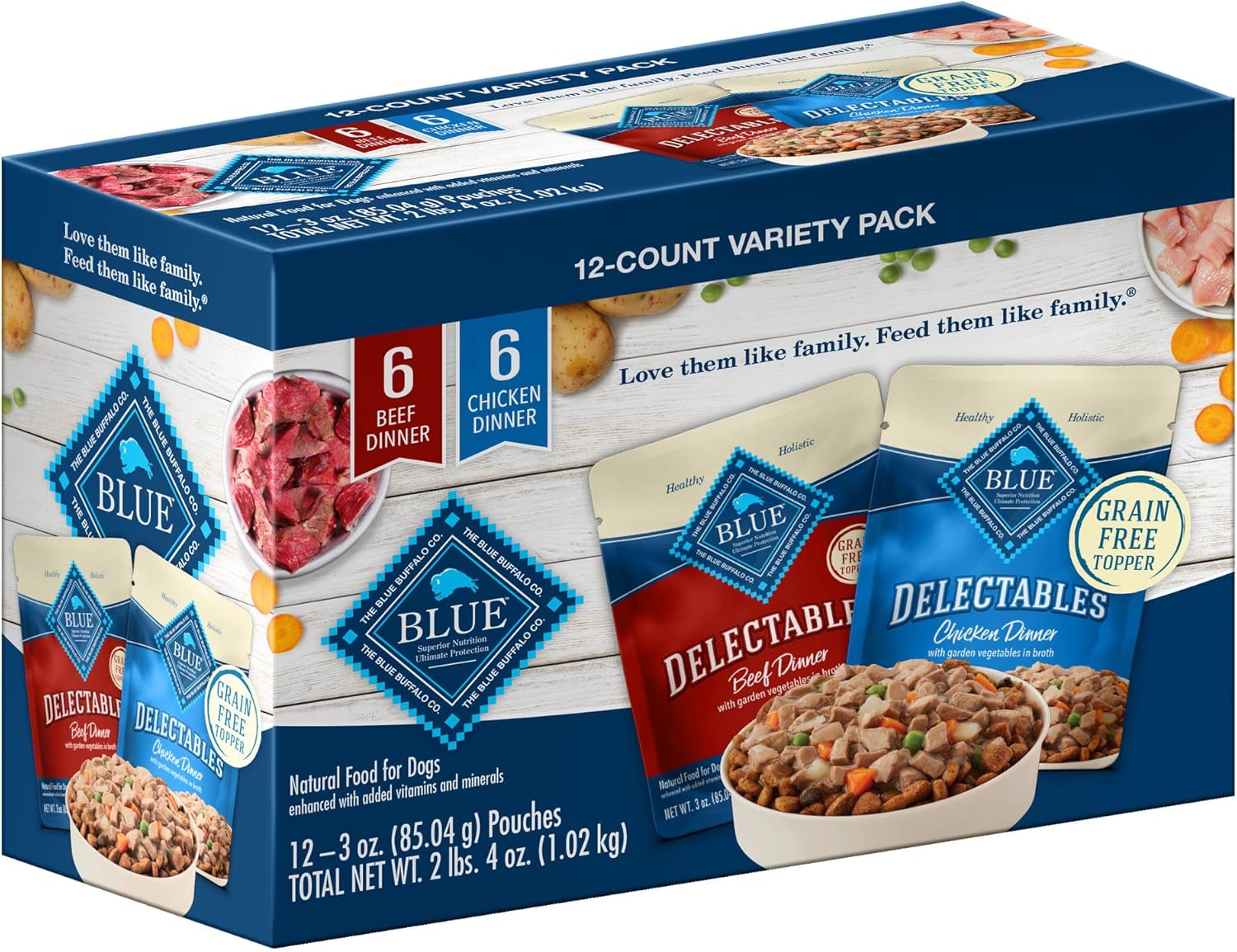 Blue Buffalo Delectables Grain Free Natural Wet Dog Food Topper Variety Pack, Chicken Dinner & Beef Dinner 3-oz (12 Pack - 6 of Each Flavor) 
