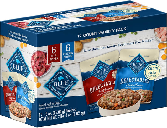 Blue Buffalo Delectables Grain Free Natural Wet Dog Food Topper Variety Pack, Chicken Dinner & Beef Dinner 3-oz (12 Pack - 6 of Each Flavor) 
