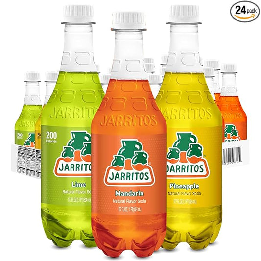 Jarritos - Mexican Soda, 3-Flavor Variety Pack (17.7 oz, 24 Bottles) - 12 Mandarin, 6 Lime, & 6 Pineapple - Real Cane Sugar - Made in Mexico - Natural Flavor Soda Pop - Party & BBQ Beverages