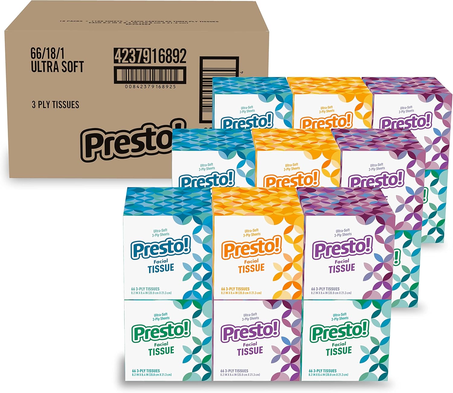 Amazon Brand - Presto! Ultra-Soft 3-Ply Premium Facial Tissues, 1188 Count (18 Packs of 66)