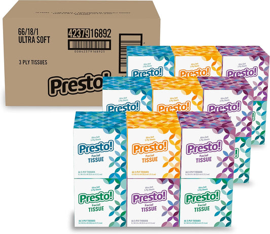 Amazon Brand - Presto! Ultra-Soft 3-Ply Premium Facial Tissues, 1188 Count (18 Packs of 66)