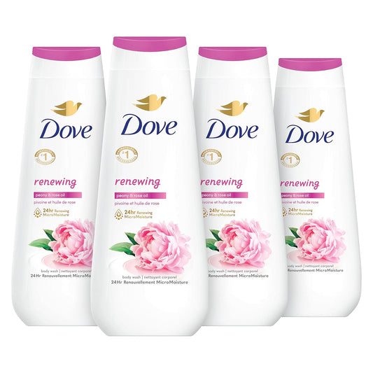 Dove Body Wash Renewing Peony and Rose Oil 4 Count for Renewed, Healthy-Looking Skin Gentle Skin Cleanser with 24hr Renewing MicroMoisture 20 oz
