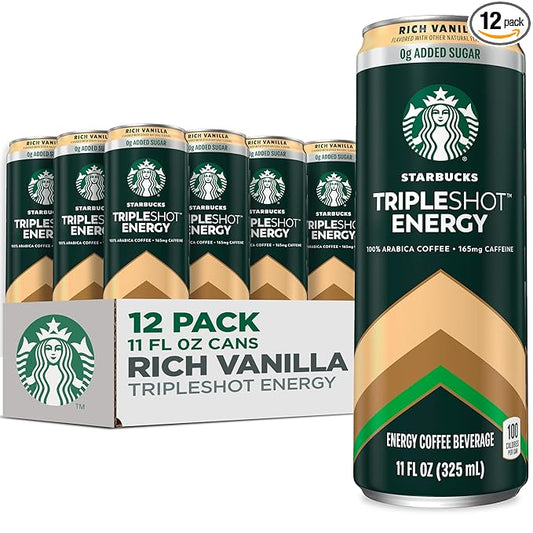 Starbucks Tripleshot Coffee Energy Drink, Rich Vanilla, 11 fl oz Cans (12 Pack), Triple Blend, 165mg Caffeine, B Vitamins, Protein, Iced Coffee (Packaging and Formula May Vary)