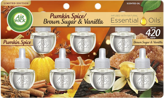 Air Wick Plug in Scented Oil Refill, 7ct, Pumpkin + Brown Sugar Mixed Pack, Fall Scent, Essential Oils, Air Freshener 

