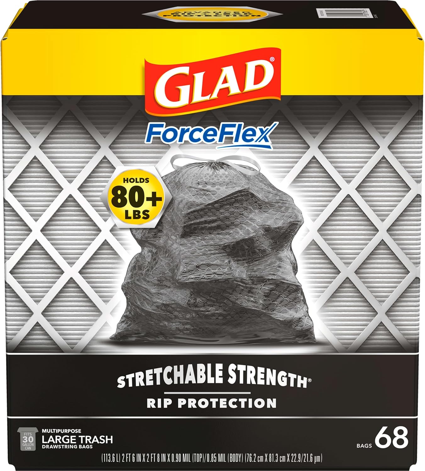 Glad Trash Bags, ForceFlex Large Garbage Bags ‚ 30 Gallon Black Trash Bag ‚ 68 Count (Package May Vary)