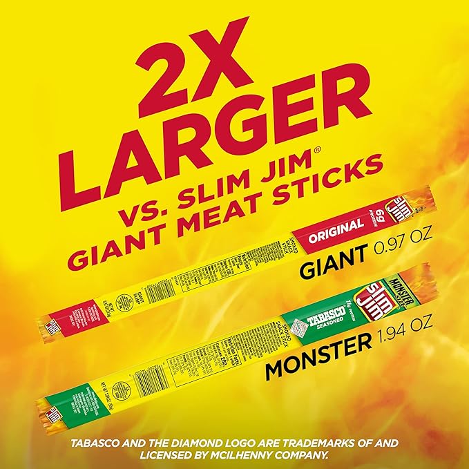 Slim Jim Monster Smoked Meat Sticks, Tabasco Flavor, High Protein, Stocking Stuffer, 1.94 oz. (18 Count)