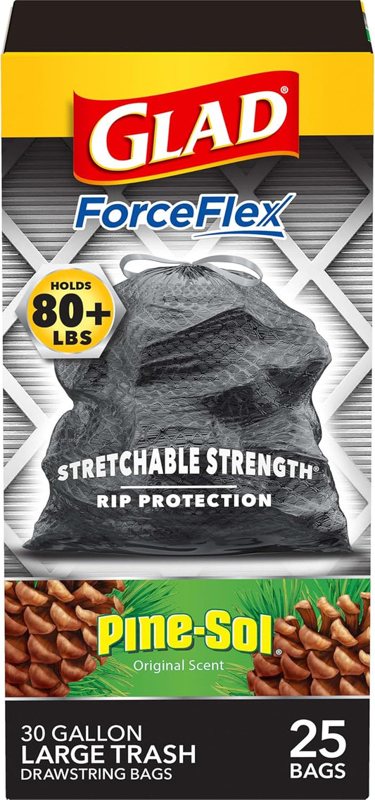 Glad Trash Bags, ForceFlex Drawstring Large Garbage Bags, 30 Gal, Pine-Sol Original Scent, 25 Ct, Pack May Vary