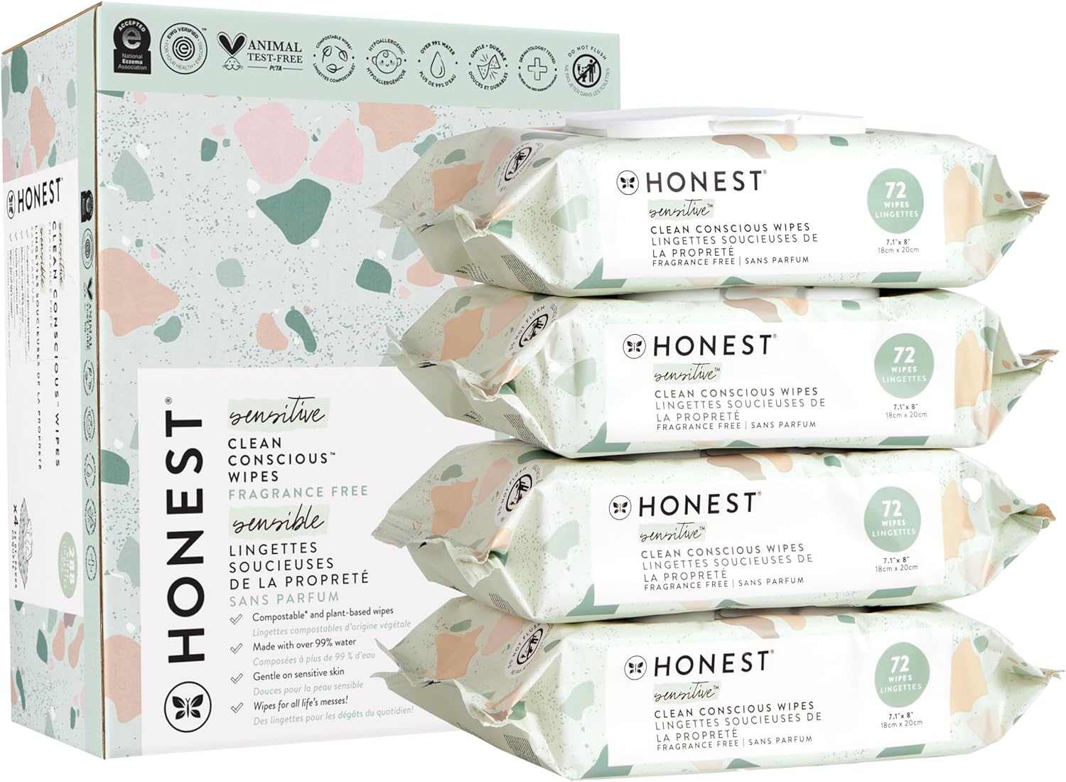 The Honest Company Clean Conscious Unscented Wipes | Over 99% Water, Compostable, Plant-Based, Baby Wipes | Hypoallergenic for Sensitive Skin, EWG Verified | Geo Mood, 288 Count