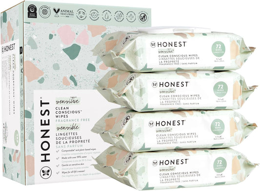 The Honest Company Clean Conscious Unscented Wipes | Over 99% Water, Compostable, Plant-Based, Baby Wipes | Hypoallergenic for Sensitive Skin, EWG Verified | Geo Mood, 288 Count