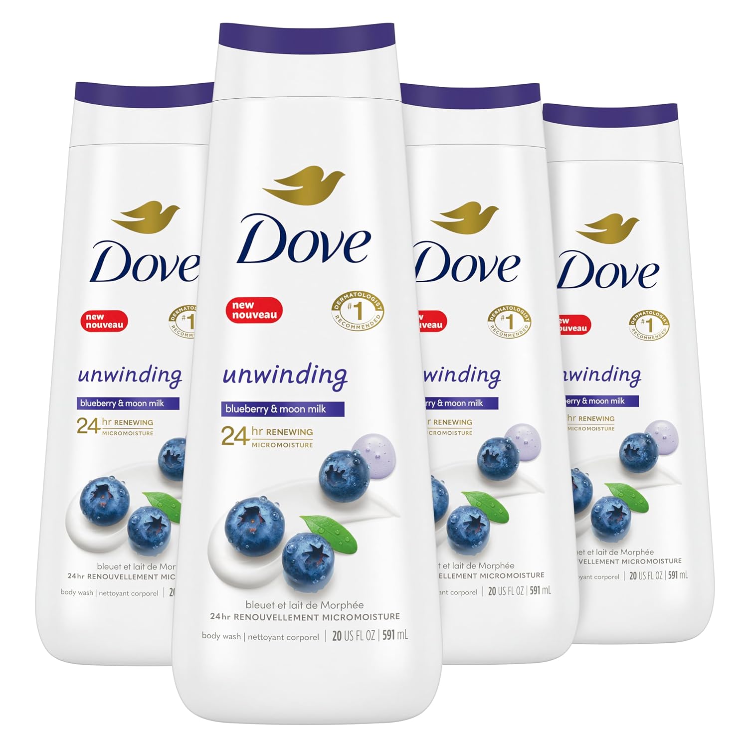 Dove Body Wash Unwinding Blueberry & Moon Milk, 4 Count for Renewed, Healthy Looking Skin, Moisturizing Gentle Skin Cleanser with 24hr Renewing...