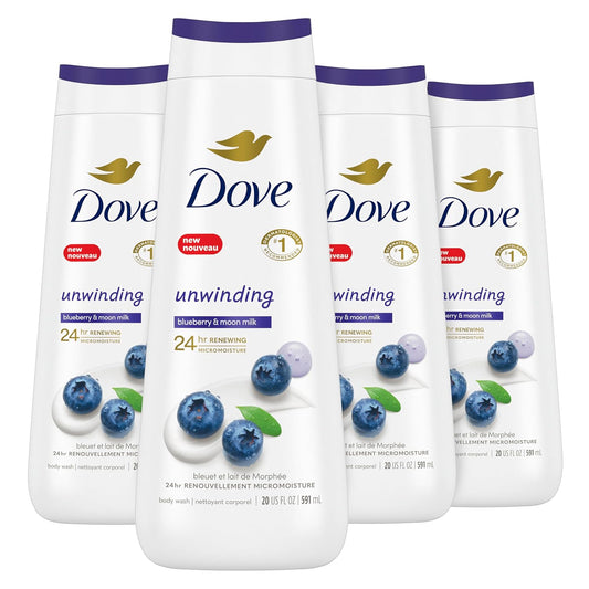 Dove Body Wash Unwinding Blueberry & Moon Milk, 4 Count for Renewed, Healthy Looking Skin, Moisturizing Gentle Skin Cleanser with 24hr Renewing...