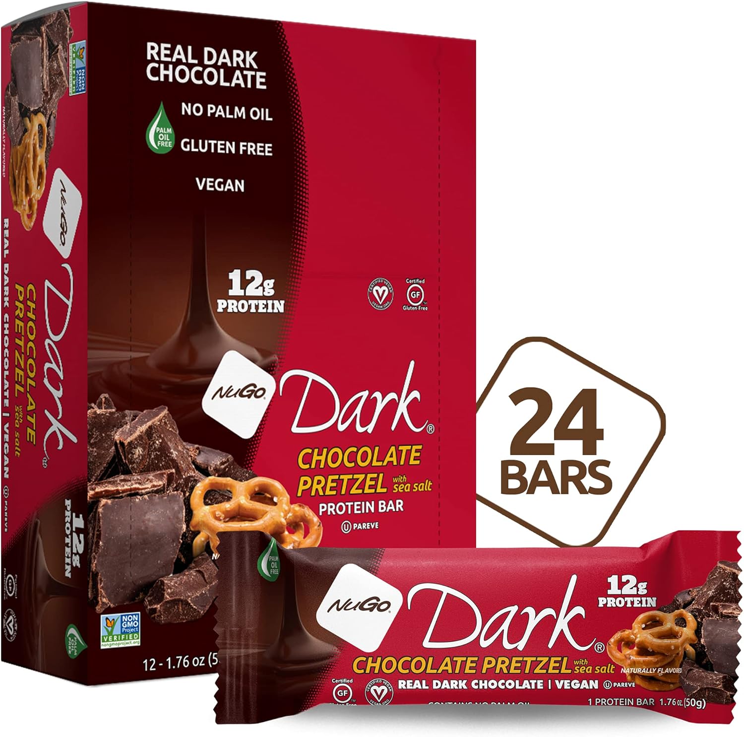 NuGo Dark Chocolate Pretzel and Sea Salt, 12g Protein Bar, Vegan, Gluten Free, Non-GMO, Kosher Pareve, 24 Count