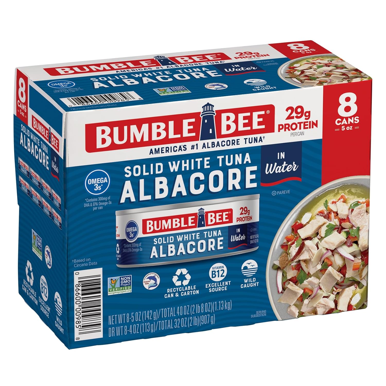 Bumble Bee Solid White Albacore Tuna in Water, 5 oz Can (Pack of 8) - Wild Caught Tuna - 29g Protein per Serving, High in Omega-3s - Non-GMO Project...