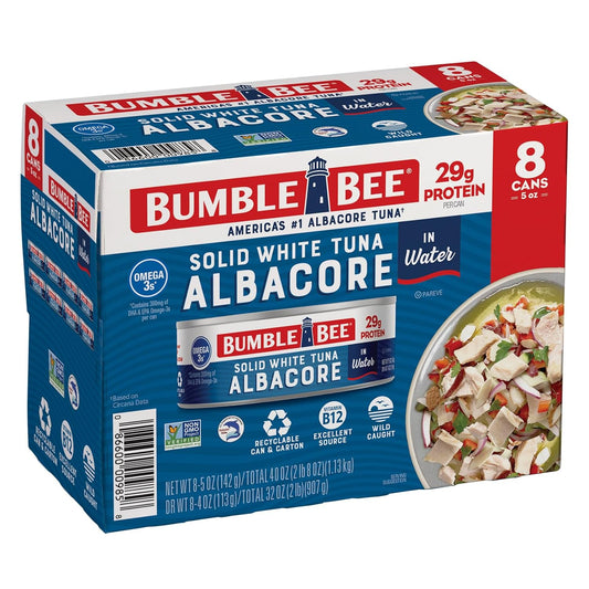 Bumble Bee Solid White Albacore Tuna in Water, 5 oz Can (Pack of 8) - Wild Caught Tuna - 29g Protein per Serving, High in Omega-3s - Non-GMO Project...