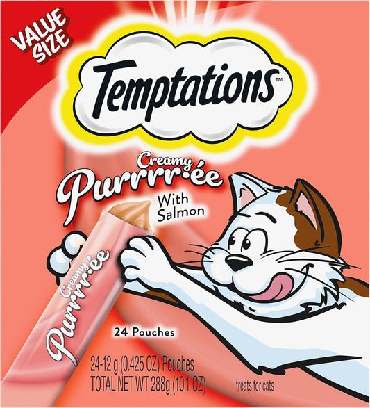 Temptations Creamy Puree with Salmon Lickable, Squeezable Cat Treats, 0.42 oz Pouches, 24 Count