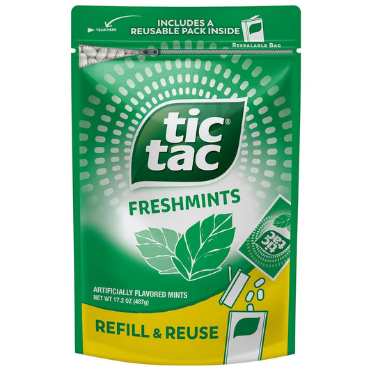 Tic Tac Resealable Refill Bag, Bulk 17.2 Oz, Freshmint Breath Mints, On-The-Go Refreshment, Includes Empty Refillable Pack