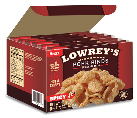 Lowrey's Bacon Curls Microwave Pork Rinds (Chicharrones), Hot and Spicy, 1.75 Ounce (Pack of 6) (Packaging May Vary)