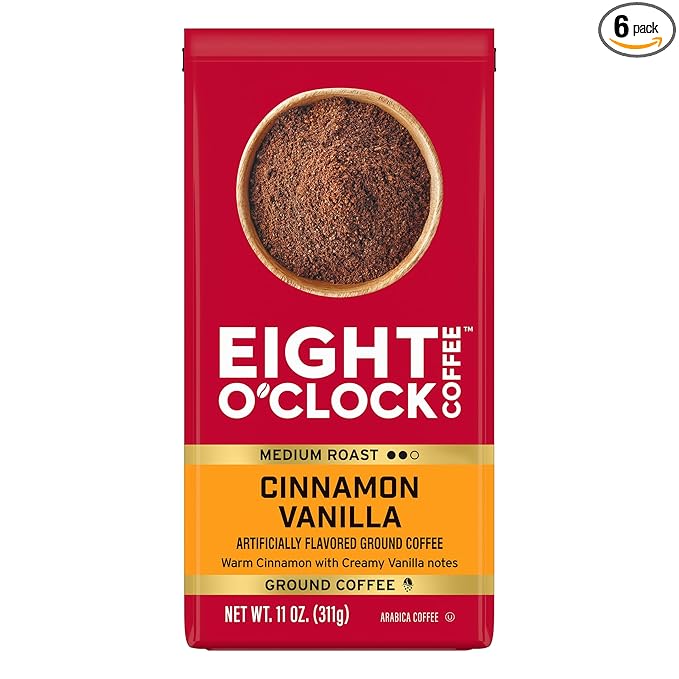 Eight O' Clock Coffee Cinnamon Vanilla, 11 Ounce (Pack of 6), Medium Roast Ground Coffee, 100% Arabica, Creamy, Smooth, Vanilla